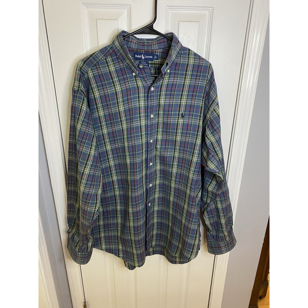 Ralph Lauren Button Down Shirt Mens Large Blue Green Plaid Blake Cotton Long Slv